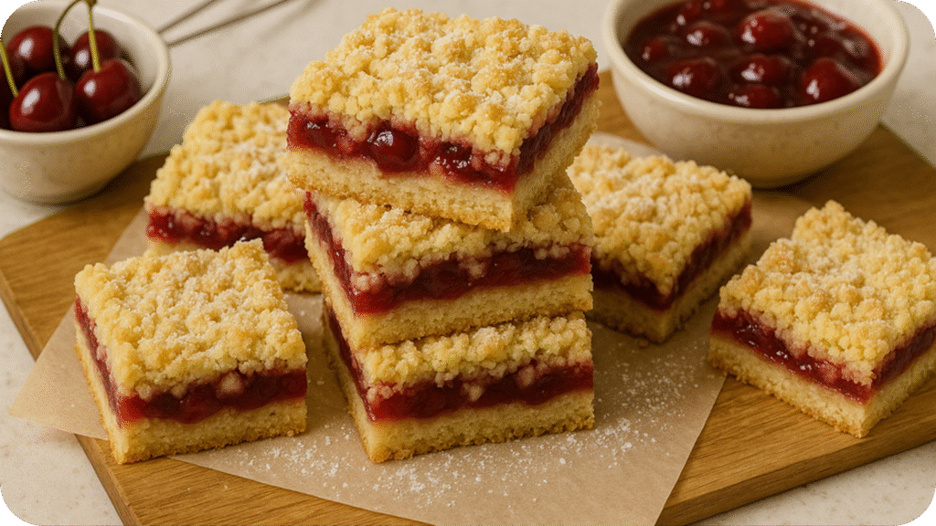 Stack of cherry pie bars with crumb topping next to a bowl of fresh cherries