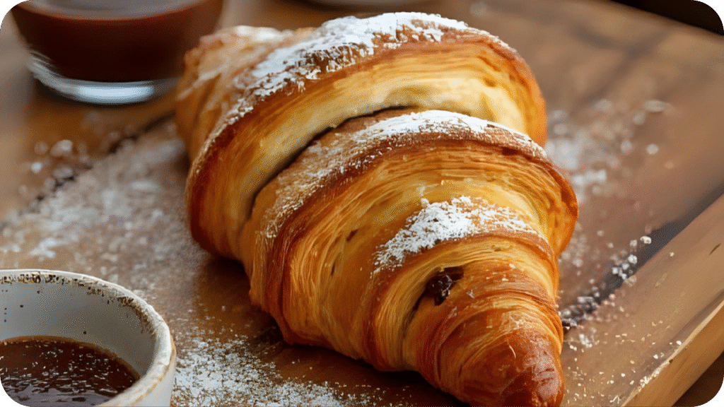Flaky croissant rolls dusted with powdered sugar, filled with melted chocolate, and served with a dipping sauce.