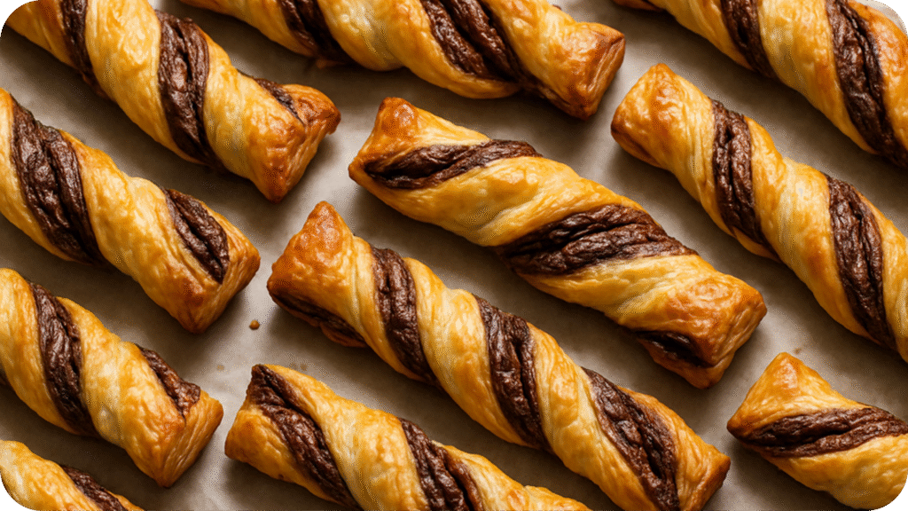 Golden brown puff pastry twists filled with Nutella, baked to a crisp and arranged in rows on a baking tray.