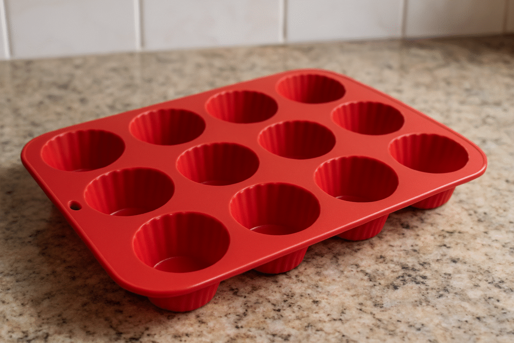 Red silicone muffin mold with twelve cavities on a kitchen countertop