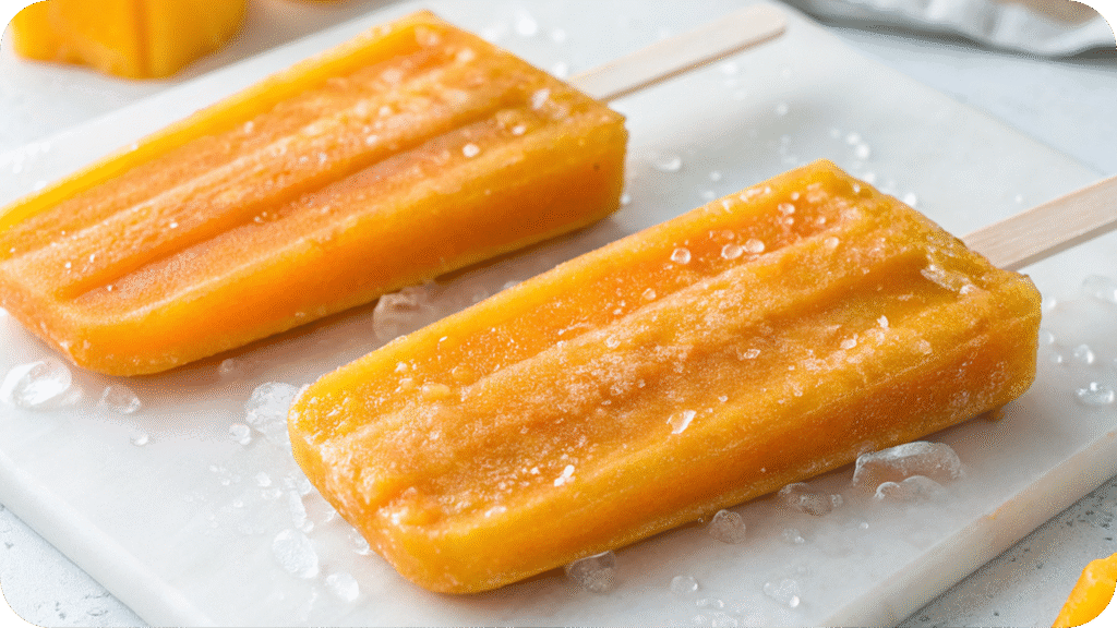 Two coconut mango popsicles on a chilled white plate with scattered ice and hints of mango in the background.