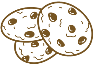 Illustration of three chocolate chips cookies overlaying on each other.