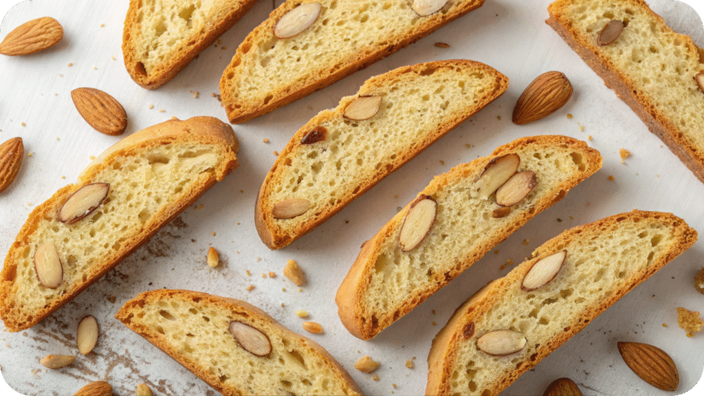 Crispy almond biscotti stacked on a wooden board.