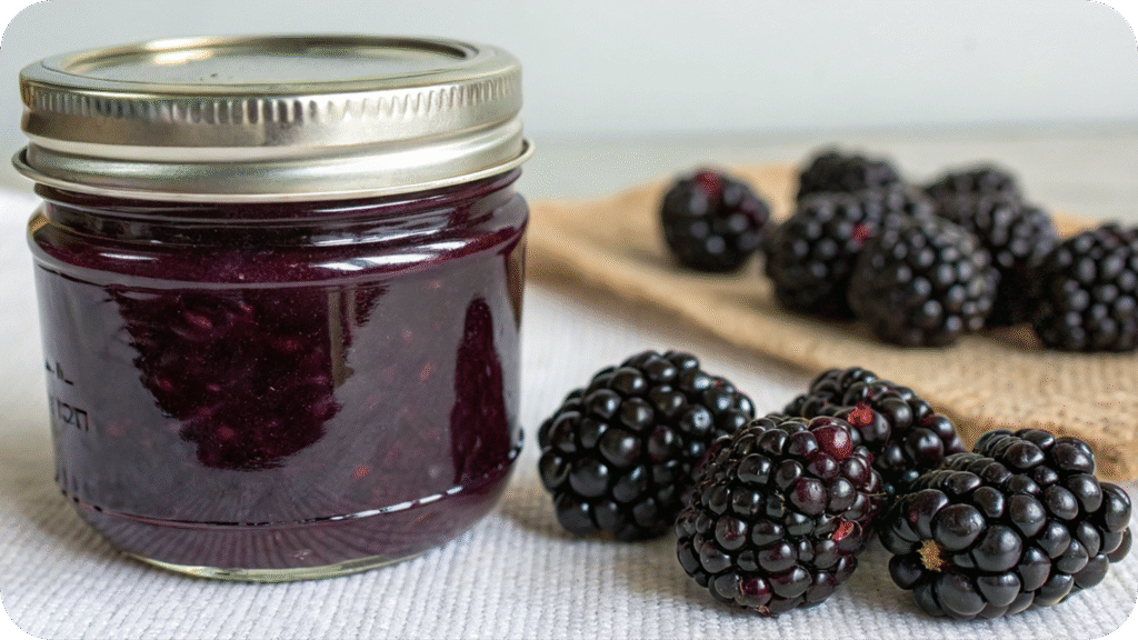 Blackberry jam in a jar with fresh blackberries.