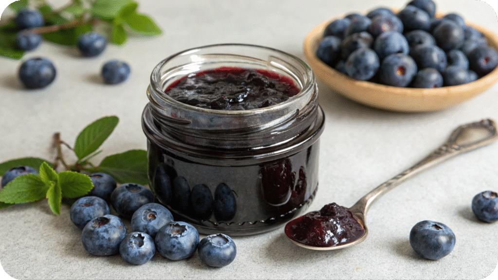 Jar of blueberry jam with fresh blueberries.