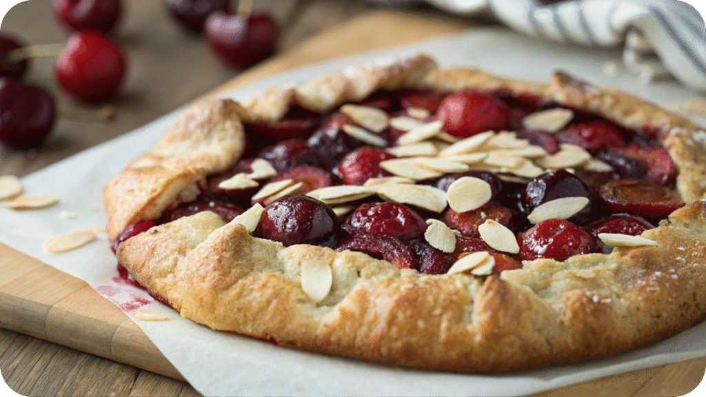 Rustic cherry almond galette with flaked almonds.