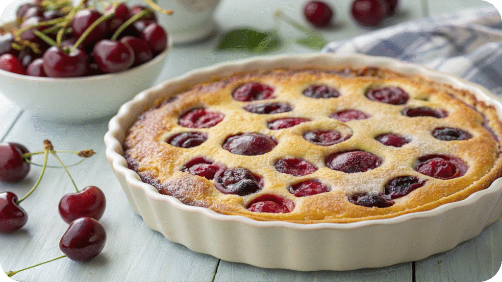 Cherry clafoutis baked in a white tart dish.
