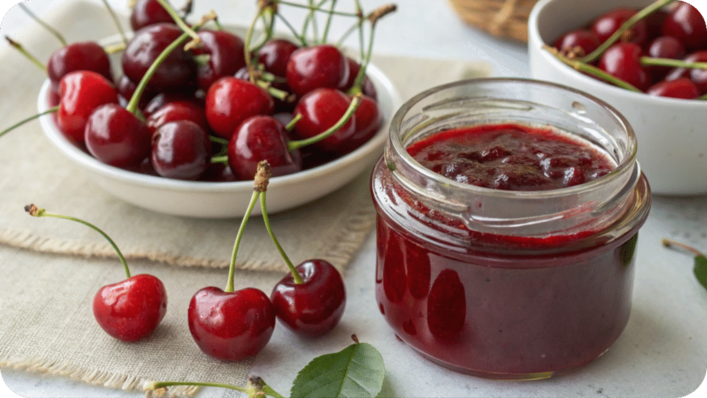 Jar of cherry jam surrounded by fresh cherries.