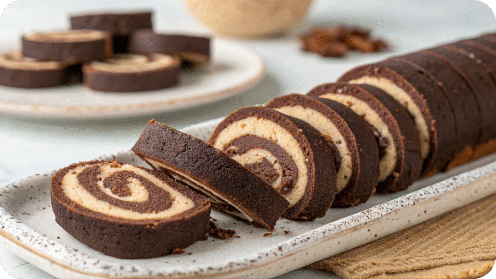 Chocolate biscuit roll sliced to show spiral layers.