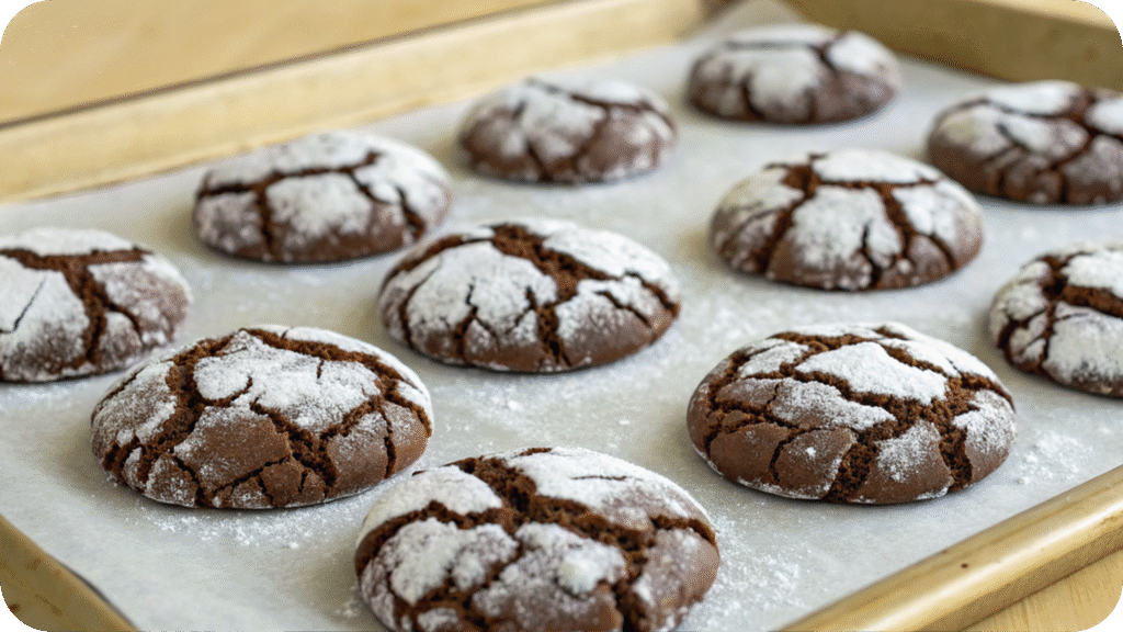 Chocolate crinkle cookies dusted with powdered sugar.