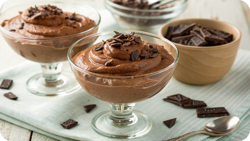 Glasses of chocolate mousse topped with chocolate shavings.