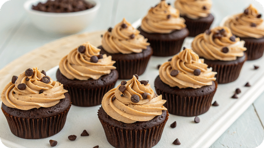 Chocolate cupcakes with peanut butter frosting.