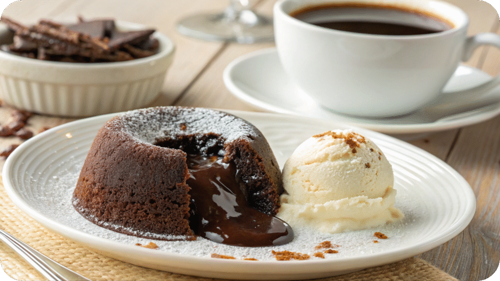 Chocolate lava cake with a molten center and scoop of ice cream.