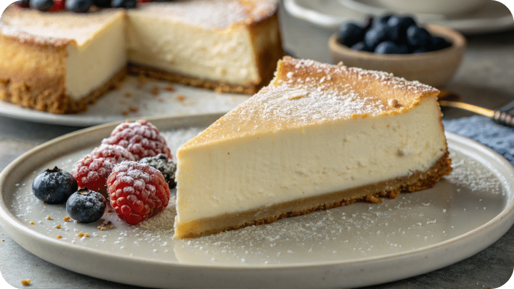 Slice of New York cheesecake with berry garnish.