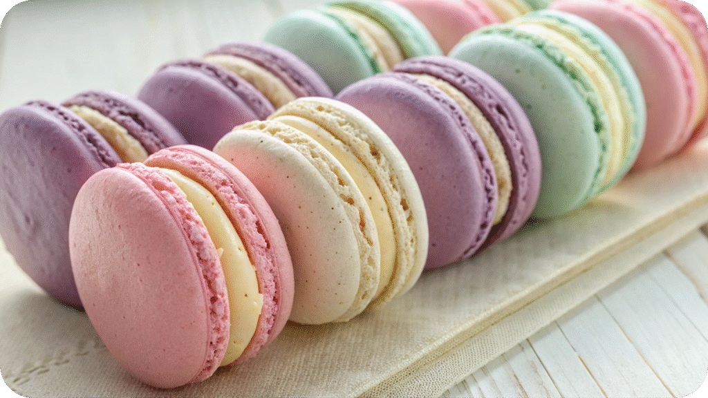 Assorted pastel French vanilla macarons on a white plate.