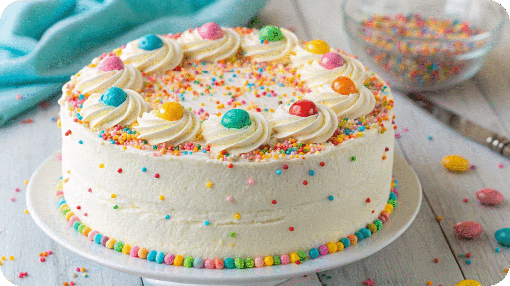 Colorful funfetti layer cake with sprinkles.