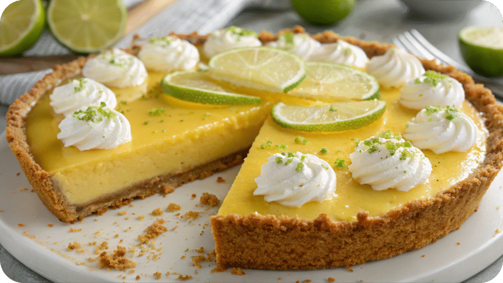 Key lime pie garnished with lime slices and whipped cream.