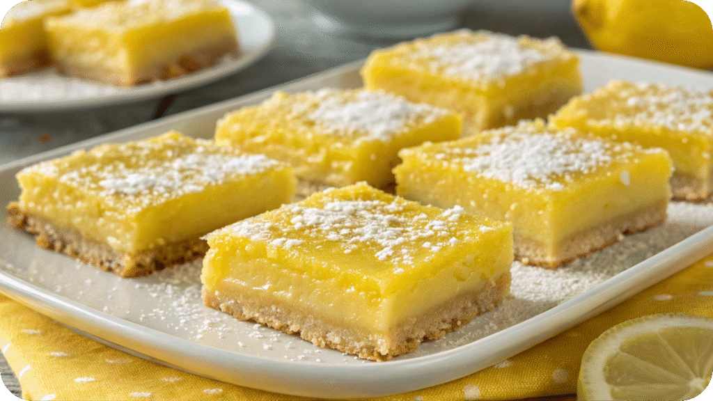 Lemon bars dusted with powdered sugar, cut into squares.