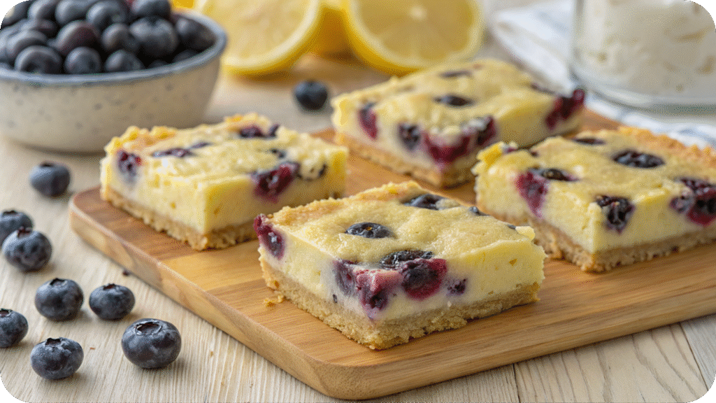 Lemon blueberry dessert bars with fresh fruit on top.
