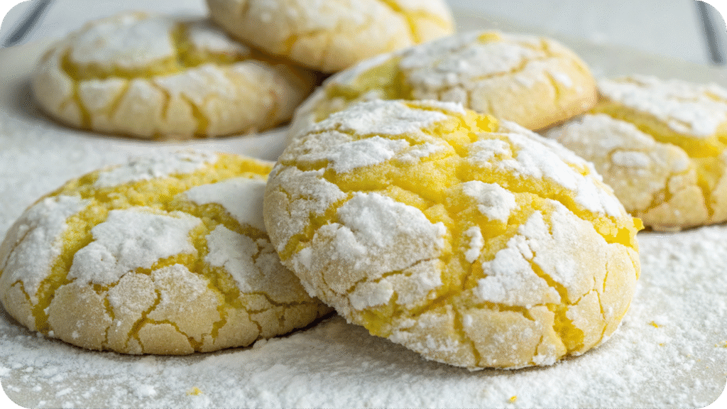 Lemon crinkle cookies dusted with powdered sugar.