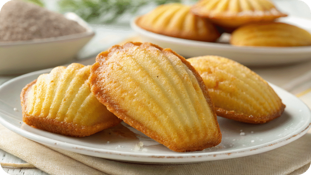 Golden baked madeleine cookies on a plate.