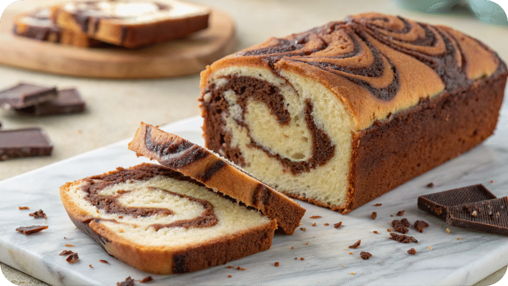 Sliced marble pound cake with chocolate and vanilla swirls.