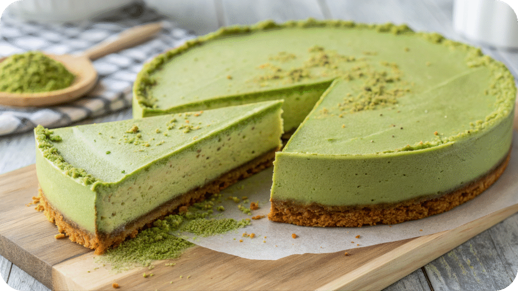 Green matcha cheesecake on a serving plate.