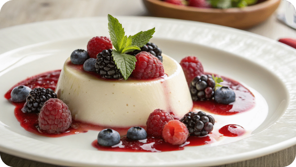 Classic panna cotta dessert garnished with fresh berries and berry sauce.