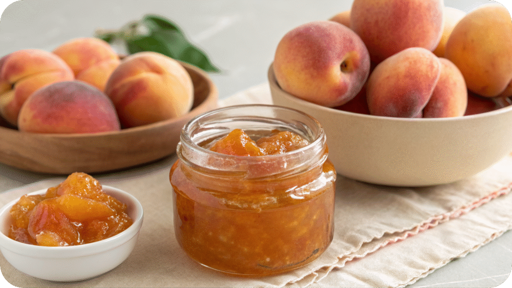 Glass jar of homemade peach jam with fresh peaches on the side.