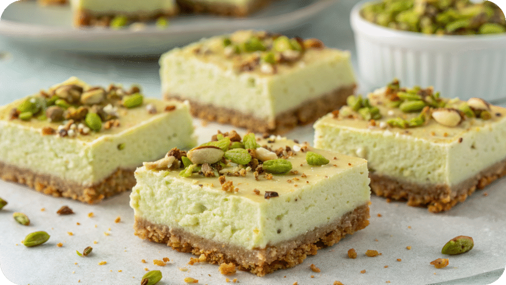 Square pistachio cheesecake bars on a tray.