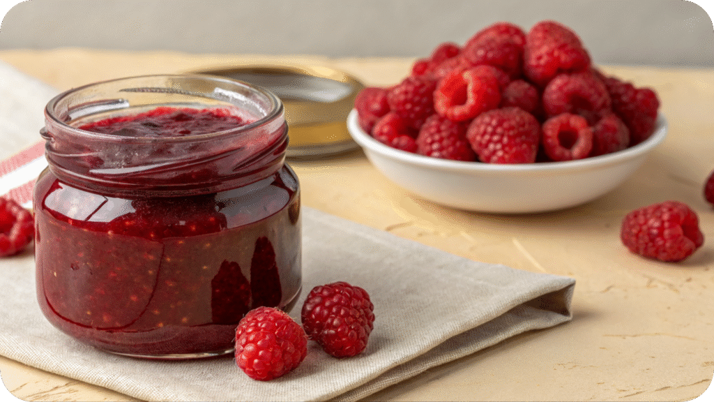 Raspberry jam in a jar with fresh raspberries.