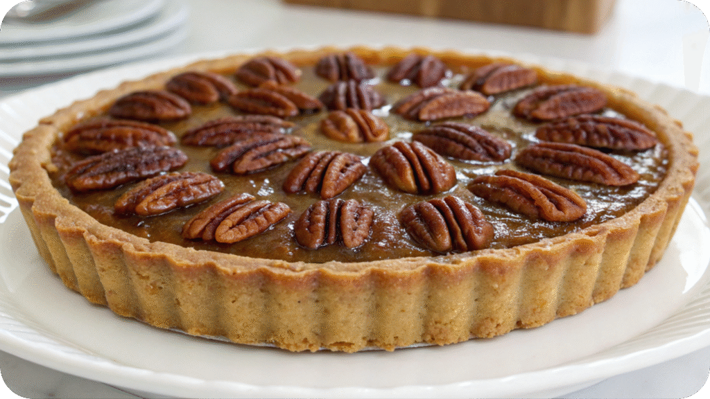 Pecan tart with a salted caramel glaze.