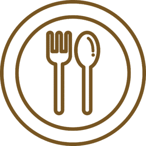 Brown line icon of a fork and spoon on a plate, symbolizing dining or food.