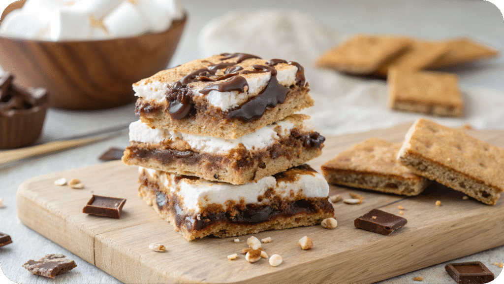 Stacked s’mores bars with graham crackers, chocolate, and marshmallows.