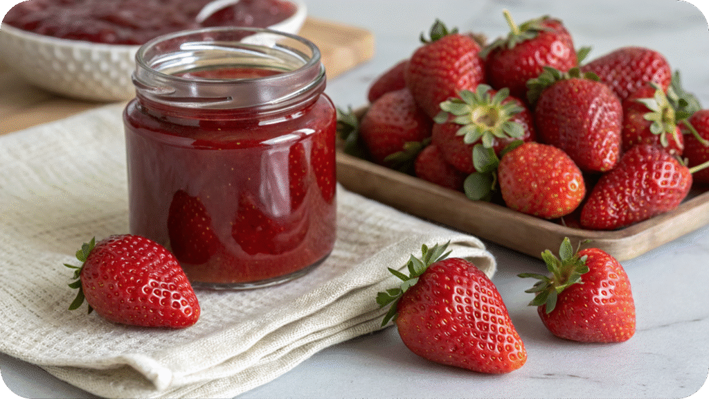 Homemade strawberry jam with whole strawberries.