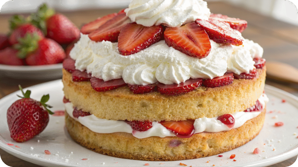 Strawberry shortcake with fresh strawberries and whipped cream.