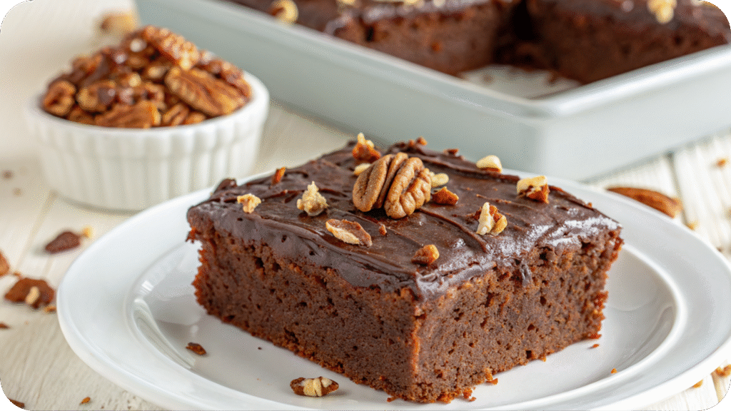 Sliced Texas sheet cake with chocolate icing and pecans.