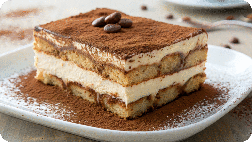 Traditional layered tiramisu dusted with cocoa powder on a white plate.