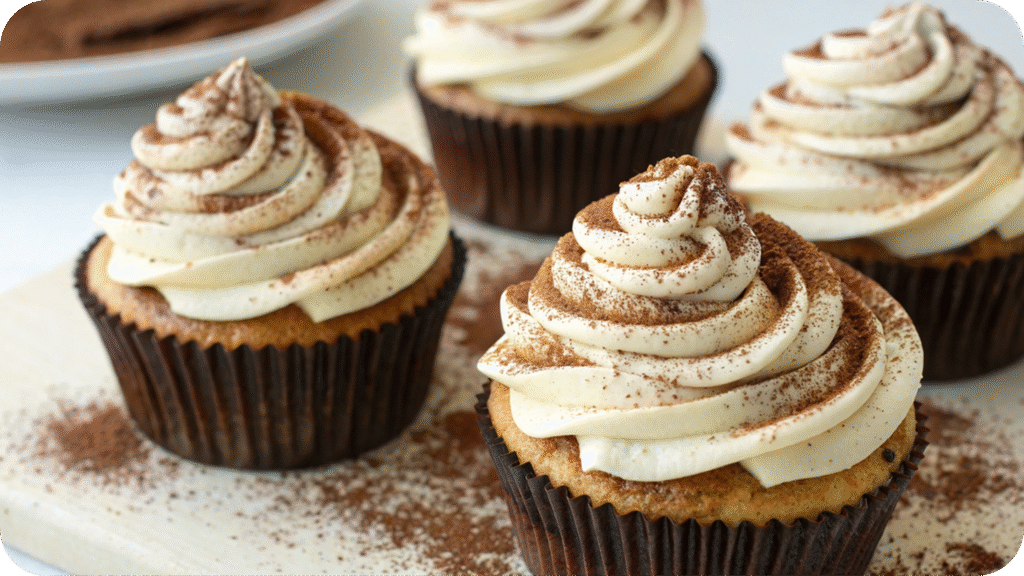 Tiramisu-flavored cupcakes with cream topping and cocoa dusting.