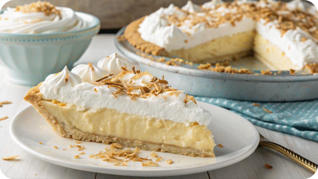 Toasted coconut cream pie with whipped topping.