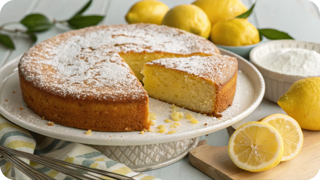 Vegan lemon olive oil cake dusted with powdered sugar.